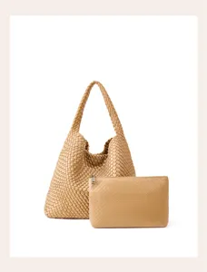 Woven leather hobo shoulder bag with matching pouch, stylish casual large capacity tote.
