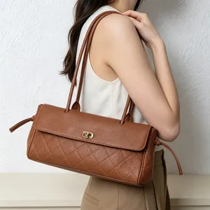 Women Genuine Leather Shoulder Bag Vintage Quilted Baguette Handbag Top Layer Cowhide Commuting Underarm Bag Daily Purse