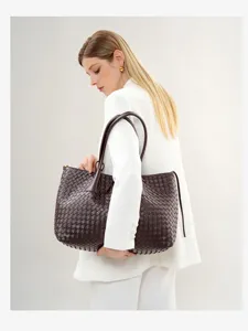 Χειροποίητη δερμάτινη πλεκτή τσάντα shopper για γυναίκες, μεγάλη τσάντα ώμου καθημερινής χρήσης.