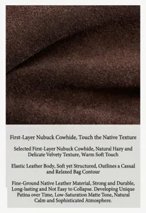 Close-up of premium frosted first-layer cowhide suede, soft matte brown leather texture.