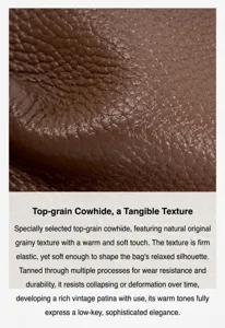 Top layer cowhide leather handbag detail showing natural grain texture and soft touch.