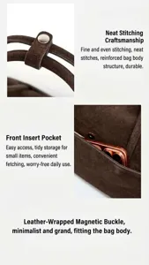 Close-up detail of women brown suede shoulder bag showing neat stitching and magnetic snap.