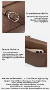 Leather crossbody bag detail showing adjustable strap, outer pocket, and metal lock.