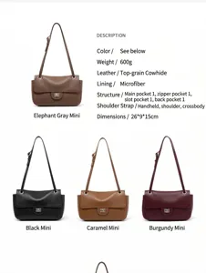 Genuine leather shoulder bag details showing top layer cowhide, multi pocket design and size.