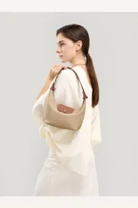 Stylish nylon shoulder bag with brown leather handle casual hobo dumpling bag for women