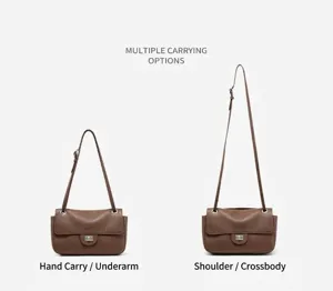 Genuine leather shoulder bag, versatile brown underarm bag with adjustable strap and metal lock.