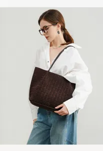Dark brown suede woven shoulder tote bag, large capacity casual underarm bag for women daily.