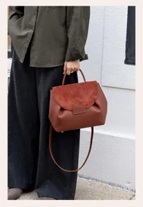 Genuine leather crossbody bag with suede flap, chic commuter shoulder handbag for women.