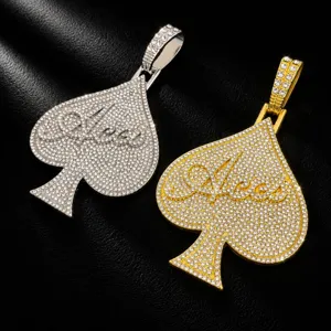Hip hop full rhinestone ace spade pendant necklace in gold and silver, trendy jewelry for men.