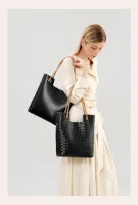 Large capacity woven tote bag women genuine leather underarm shoulder handbag casual fashion