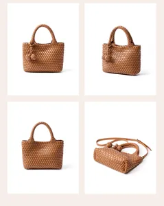 Brown woven leather handbag for women, stylish casual tote and crossbody bag with knotted handle.
