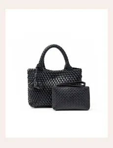 Black Woven Leather Tote Bag with Matching Pouch Detail Handbag Elegant Style Chic