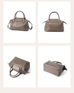 Top layer cowhide leather shoulder crossbody handbag for women, large capacity stylish taupe pillow bag.