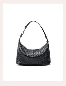 Women's black genuine leather woven shoulder underarm bag handmade luxury fashion hobo handbag