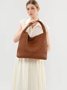 Women Large Capacity Tote Bag Handcrafted Woven PU Leather Underarm Shoulder Bag Casual Beach Vacation Commuter Handbag