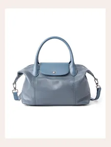 Blue leather pillow handbag with top handle and shoulder strap, elegant design for daily use.