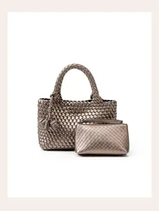 Handmade metallic woven tote bag with matching pouch, stylish casual shoulder handbag for daily use.