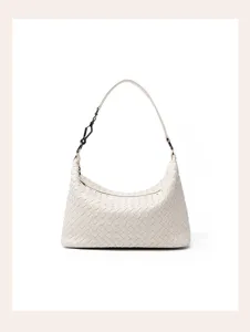 Elegant woven leather shoulder bag, premium beige handbag for women, chic hobo style detail.