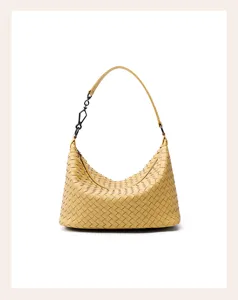Women woven leather shoulder bag stylish yellow underarm handbag premium luxury designer purse chic