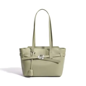 Elegante bolso tote de cuero verde salvia para mujer, gran bolso de hombro para trabajo.