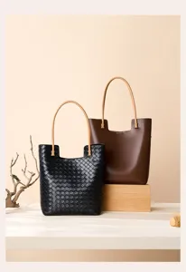 Woven leather tote bag detail, stylish genuine leather large capacity shoulder bag for women