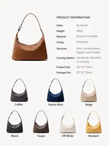 Woven leather shoulder bag with multiple color options, spacious main compartment.
