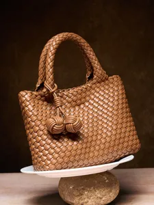 Brown woven leather handbag stylish top handle tote bag for women commute daily use