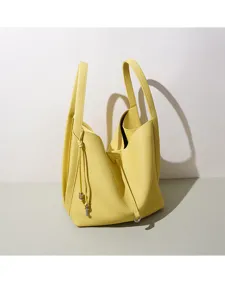 Yellow leather bucket handbag minimalist tote bag stylish daily commuter shoulder bag
