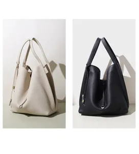 Minimalist Korean style bucket bag, large capacity PU leather shoulder handbag for daily work commute.