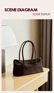Brown suede pillow bag women retro commuter shoulder handbag scene display detail
