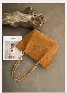 Brown suede woven tote bag for women, large capacity stylish casual shoulder bag daily use.