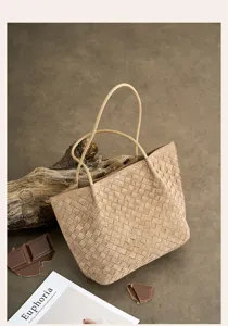 Suede woven tote bag for women, large capacity casual shoulder bag with classic handcrafted design.