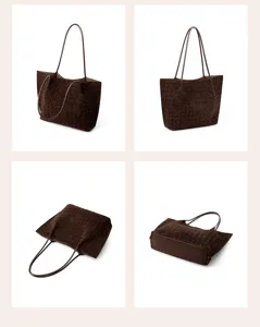 Brown woven suede tote bag, large capacity casual shoulder bag for women daily use.