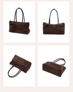 Vintage Brown Suede Shoulder Bag Minimalist Women Tote Casual Daily Chic Retro Pillow Handbag