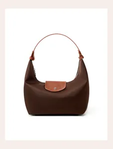 Brown nylon hobo shoulder bag with leather flap casual commuter handbag for women and girls