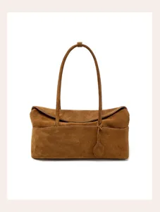 Brown suede shoulder bag for women, vintage retro underarm pillow bag with handle.
