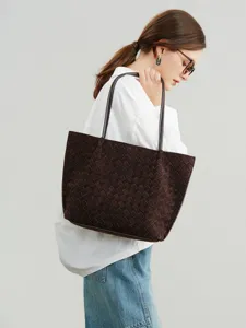 Brown suede woven tote bag for women large capacity casual shoulder bag underarm bag