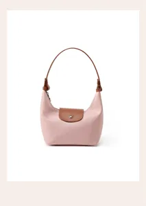 Pink nylon shoulder bag stylish dumpling hobo bag casual daily commuting handbag with leather flap