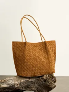 Brown suede woven tote bag for women, large capacity casual shoulder bag daily use.