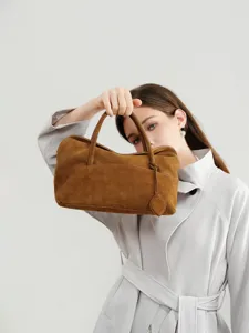 Women's retro brown suede pillow handbag, versatile casual commuting shoulder and crossbody bag.
