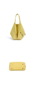Yellow leather geometric handbag detail view, elegant shoulder tote bag for women daily work.