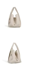Beige leather bucket handbag minimalist commuter shoulder bag stylish top handle bag