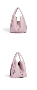 Minimalist pink leather bucket bag, chic tote handbag with lock charm, casual daily commute.
