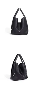 Minimalist black leather tote bag, large capacity stylish casual shoulder bucket handbag.