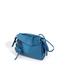 Blue genuine leather shoulder bag for women, large capacity commuting crossbody bag.