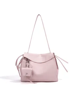 Pink leather shoulder bag, minimalist commuter crossbody bag detail, stylish women bag.