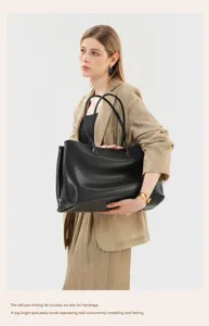 Vintage genuine leather tote bag for women, large capacity minimalist chic shoulder bag.
