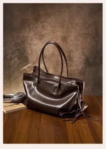 Vintage brown genuine leather tote bag for women, large capacity minimalist shoulder handbag.