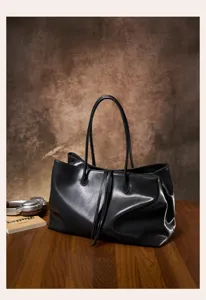 Vintage top layer cowhide leather tote bag for women, large capacity minimalist shoulder bag.