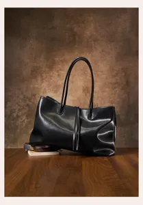 Minimalist black leather tote bag, retro large capacity shoulder bag for women elegant.